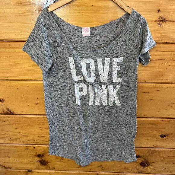 Vintage Y2K Pink Victoria’s Secret Graphic Tee T Shirt Gray Studded S-M 2010 - Picture 1 of 4